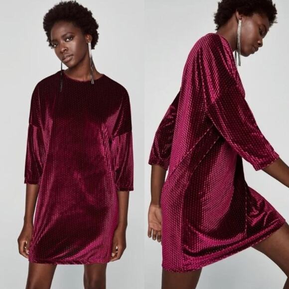 Zara Mini Dress Womens S Burgundy Diamond Pattern Textured Velvet Shift Retro - Picture 1 of 5